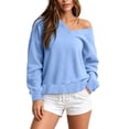 thumbnail image 2 of Mutghys Off the Shoulder Sweatshirt for Women V Neck Solid Color Long Sleeve Pullover Sweater Home Daily Shopping Loose Comfy Fall Sweatshirts S-2XL, 2 of 8