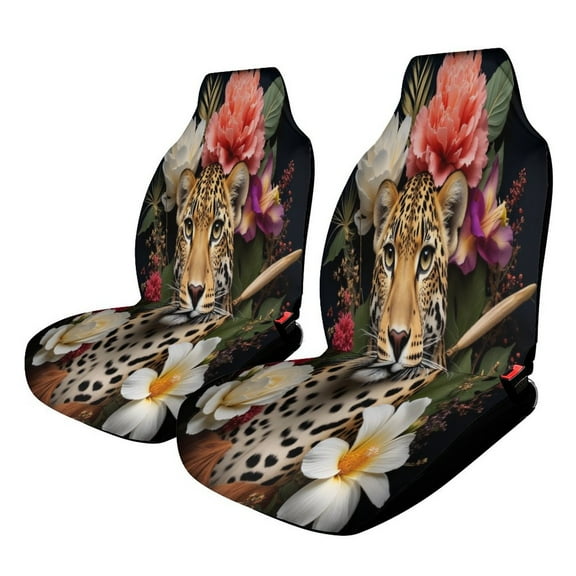 Leopard with Floral Wreath Set of 2Pcs Car Seat Covers Easy Clean Automobile Seat Protector Car Interior Accessories
