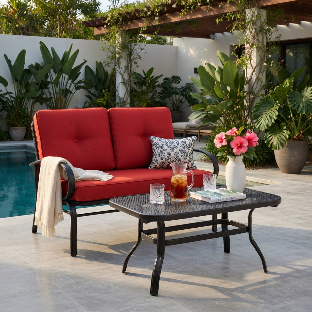 Hommoo 2-Piece Outdoor Patio Furniture Set, Cushioned Steel Loveseat & Coffee Table, 4" Thick Cushions, Easy Assembly, Red