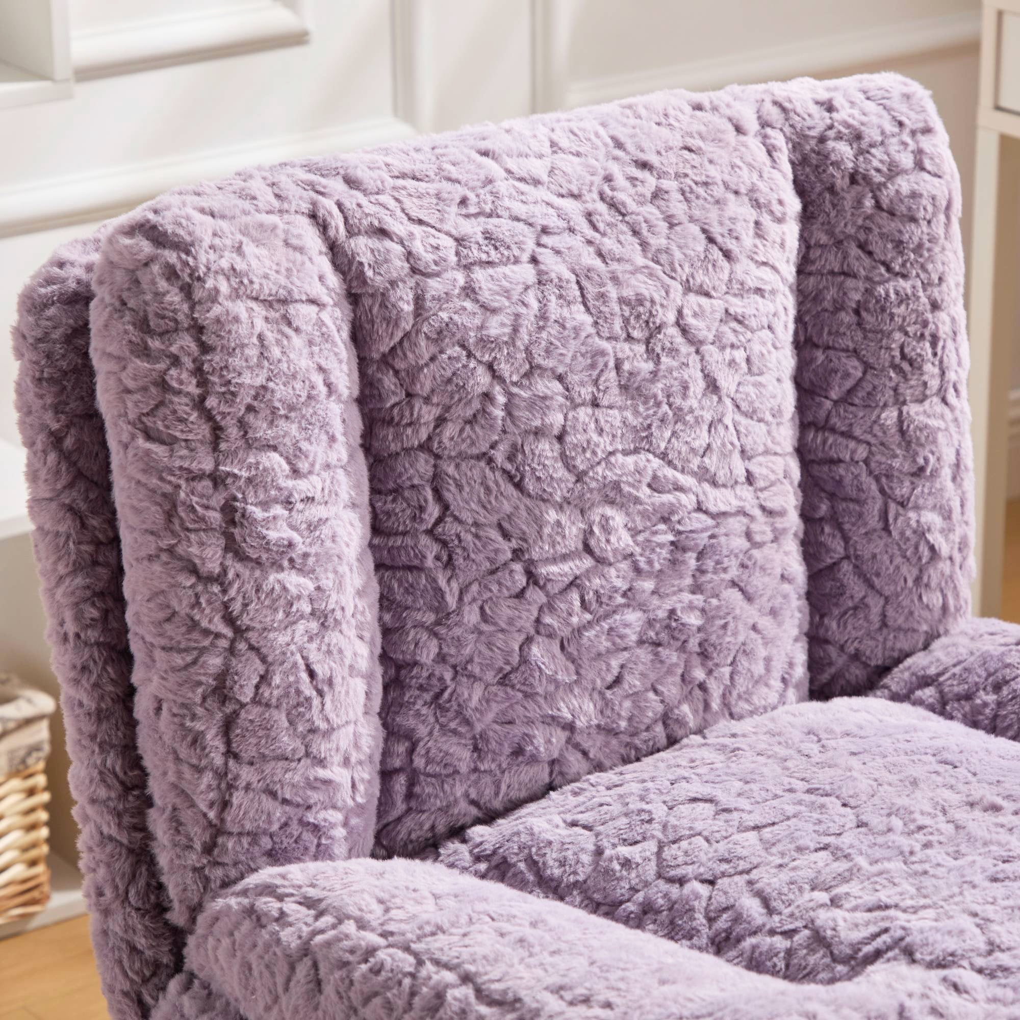 PORKISS Vanity Chair Makeup Chair, Home Office Chair, Ergonomic Desk Chair with Soft Faux Alpaca, Adjustable Swivel Task Computer Chair with Wheels, Violet