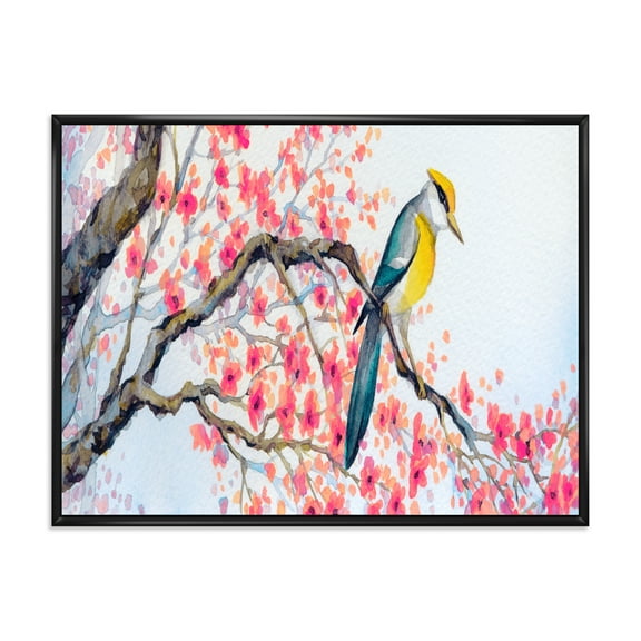 Designart 'Beautiful Pink Bird Sitting On Flowering Branch I' Traditional Framed Canvas Wall Art Print