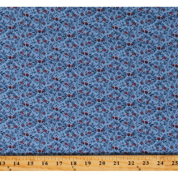 Cotton Tiny Victorian Florals Red Small Scale Flowers on Blue Victory Garden Cotton Fabric Print by the Yard (JT-CD2112BLUE)