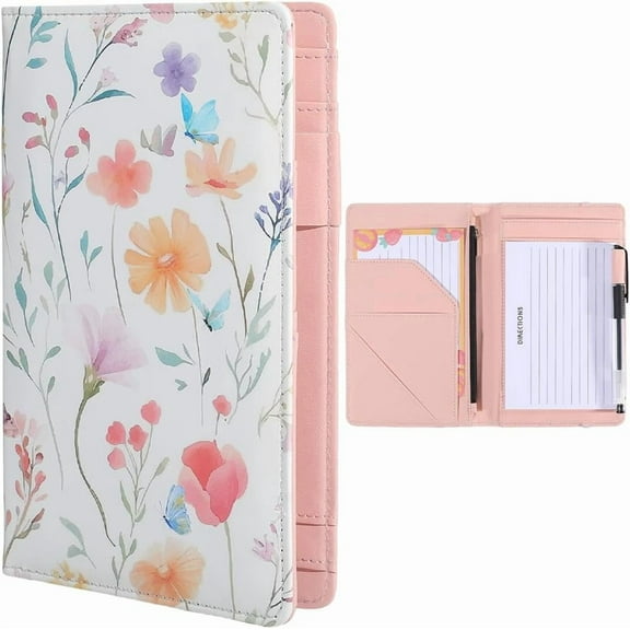Flowers PU Leather Clipboards Leather Portfolio Folder Padfolio Binder Storage Clipboard with 5 Pockets Notepad Elastic Closure and Pen Loop for Business Conference Notepad 7.8x4.9 Inch Colorful DIY