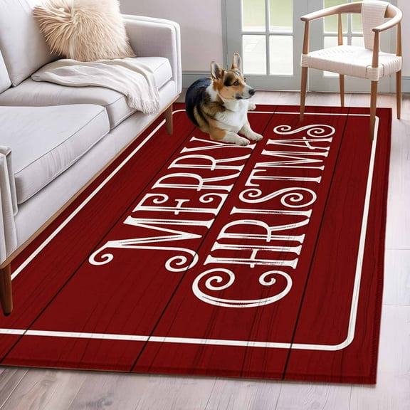 Merry Christmas Area Rug 3x5 Washable Rug Non Slip Xmas Red Wooden Winter Holiday Large Area Rug Indoor Floor Carpet for Entryway Bedroom Kitchen Living Room Home Office Dining Room Nursery