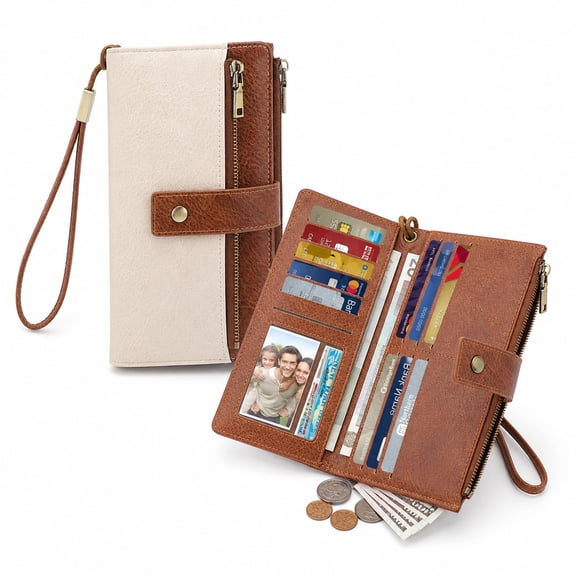 Beltzy Women's Wallet Large Capacity Double Zip Ladies Card Phone Holder RFID Blocking Wristlet Leather
