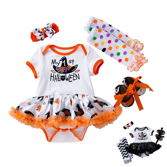 ibiyuan Baby Girl First Halloween Outfit Ruffle Sleeve Pumpkin Ghost Toddler Clothes Tulle Tutu Skirt Romper with Headband Halloween Girl Dresses