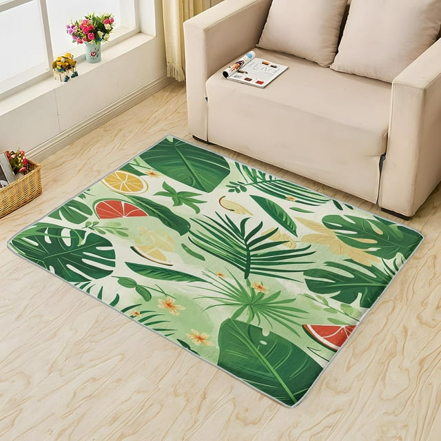 Tropical Plants Rug, Grapefruit Lemon Area Rug 4x5, Palm Tree Leaf Rugs for Bedroom, Rugs Low Pile Washable Stain Resistant Easy Clean for Dining Room, Living Room Soft Carpet Decor Xsu&-195