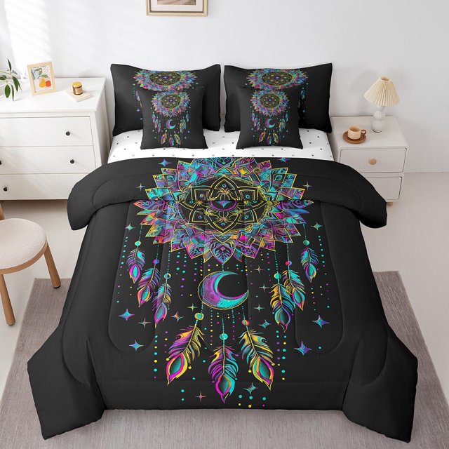 Ensemble de Literie Attrape-Rêves 7 Pcs Lit en Sac Simple, Ensemble de Literie Boho Floral Mandala Paisley Médaillon Attrape-Rêves Plume avec Couette