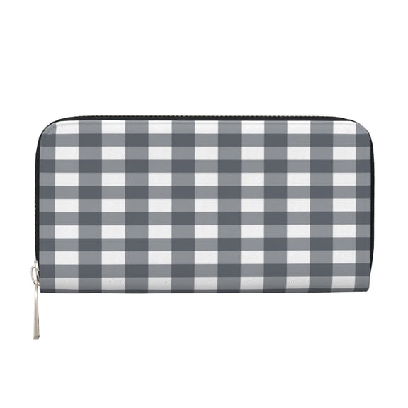 Leather Zipper Pocket Hand Wallet For Women And Men Travel Leather Purse Large Capacity Credit Card Holder Grey Gingham