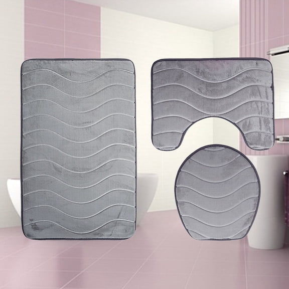 Three Pieces Bathroom Mat Set Flannel Embossed Waves Nonslip Bath Bathtub U-shape Rug Carpet Toilet Seat Lid Cover (Grey)