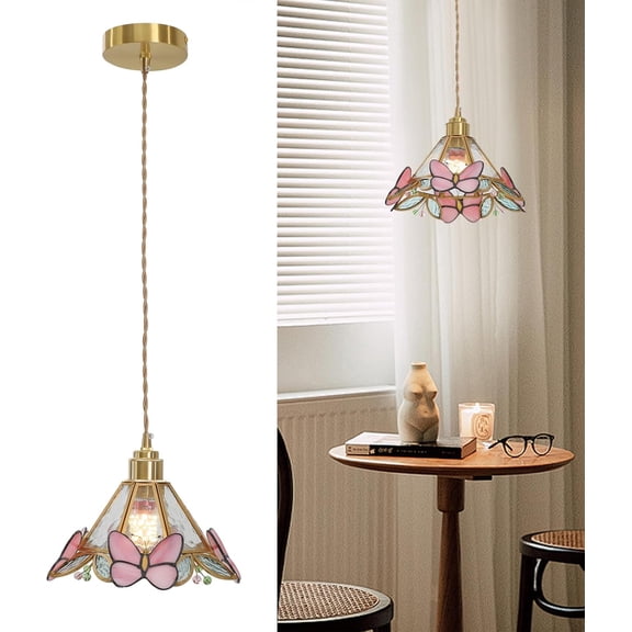 8.5 Inch Tiffany Style Metal and Glass Ceiling Light Stained Glass Hanging Lamp Modern Ceiling Light with E27 Base for Hallway Entryway Bedroom - Pink