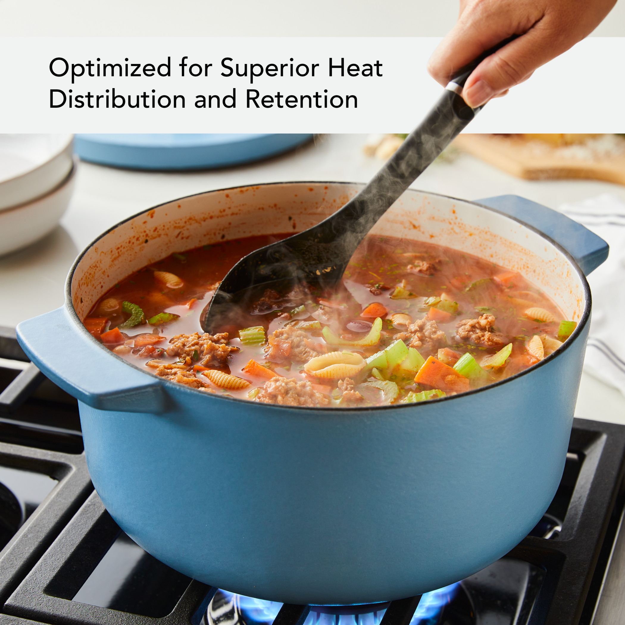 KitchenAid Enameled Cast 6 Quart Iron Induction Dutch Oven, Metal Utensil, Broiler and Oven Safe to 500°F, Blue Velvet