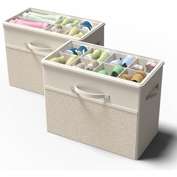 2 Pack Shoe Organizer for Closet, Clear Foldable Shoe Storage Containers Fits 14 Pairs,Shoe Storage Bins Baskets Boxes with Reinforced Handles Beige Shoes Organize