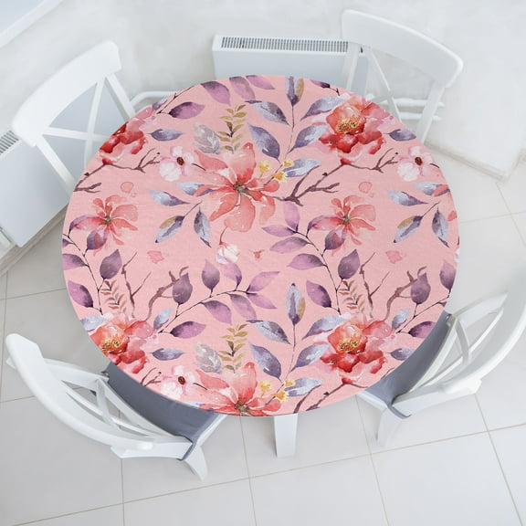 Ambesonne Floral Fitted Round Tablecloth, Garden Flower Pattern Nature, 56"- 60" Diameter, Rose Mauve and Burnt Sienna