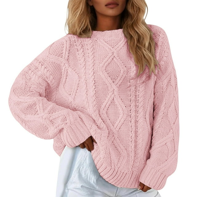MIASHUI Solid Color Loose Casual Knit Sweater Fall Winter Round Neck Cable Pullover, Chunky Yarn for Women RD1,XL