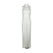 Adrianna Papell Halter Neck Racer Back Slit Back Embellished Mesh Dress-IVORY / 2