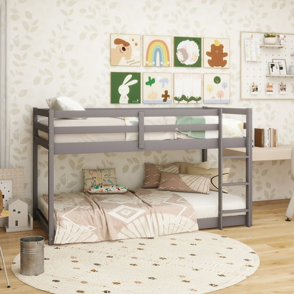 Twin over Twin Floor Bunk Bed with Ladder , Gray