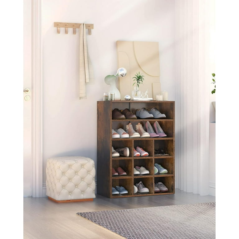 HAIOOU Shoe Cubby 9 Cube Stackable Wood Shoe Rack Organizer 5 Tier Freestanding Wooden Shoe Stand with 2 Storage Shelf for 10 15 Pairs Rustic Brown