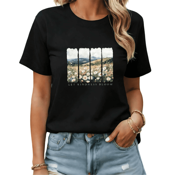 Black Print Tshirt Graphic Tees Shirts Let Kindness Bloom Floral Landscape Spring Outdoor Casual Comfort Wear S-5XL Tops