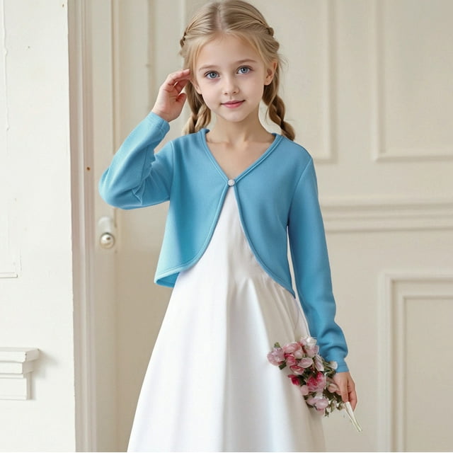 Cowsor Girls Long Sleeve Bolero Cardigan Kids Button Closure Knitted Shrug Cropped Sweaters Tops