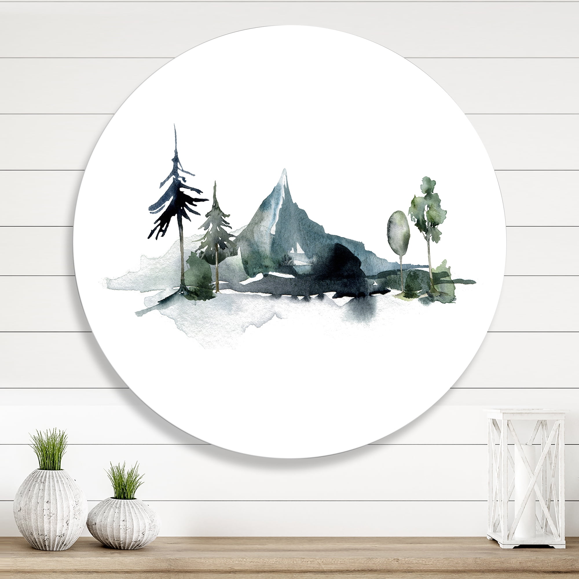 Designart 'Minimalistic Fir Forest and Winter Mountains II' Modern Circle Metal Wall Art 11x11 - Disc of 11