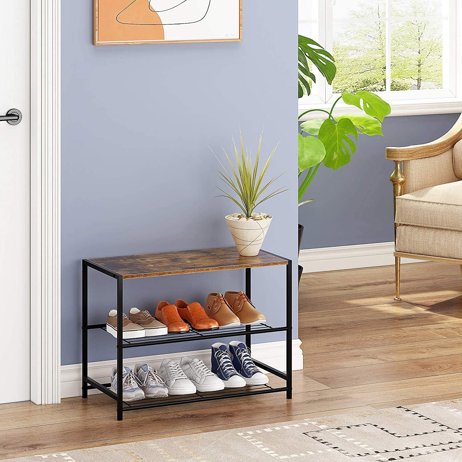 Private Jungle 3-Tier Metal Shoe Rack, Multifunctional Shoe Storage Shelf Stand with MDF Top Board, Rustic Brown Private Jungle 3-Tier Metal Shoe Rack, Multifunctional Shoe Storage Shelf Stand with MDF Top Board, Rustic Brown