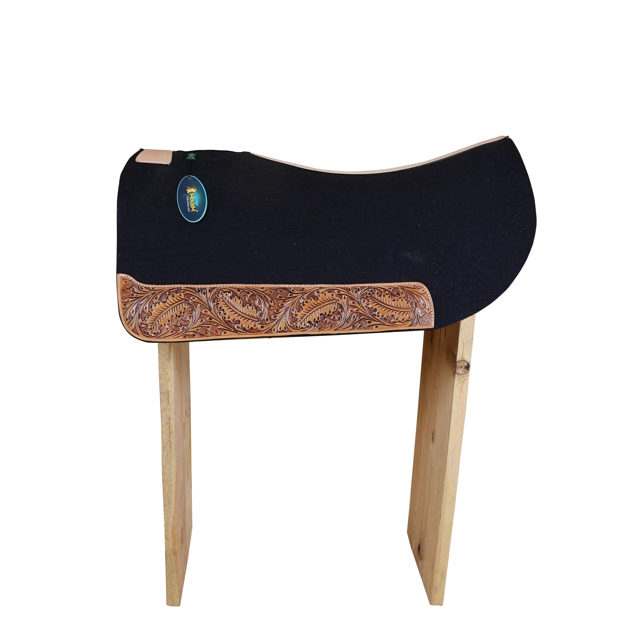 MOUSM Barrel Racer Saddle Pad &ndash; Western Full Skirt with Feather Cutout Trim Oak Leaf Hand-Carved Leather Reinforced Spine &ndash; 1 Thick Felt Pad for Horse Comfort & Performance &ndash; Handmade 31 x30