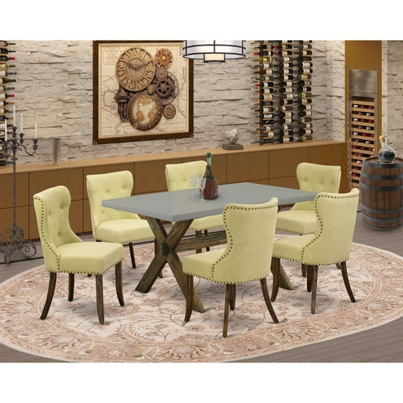 East West Furniture X-Style 7-piece Wood Dining Set with Fabric Seat in Brown