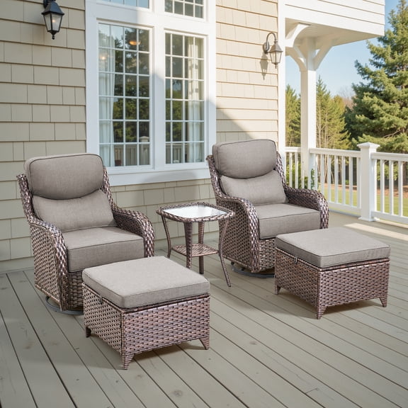 Giantfurnni Patio Furniture Sets 5-Piece Wicker Weatherproof Outdoor Conversation Sets with 2 Swivel Gliders and 2 Ottomans, Brown/Gray