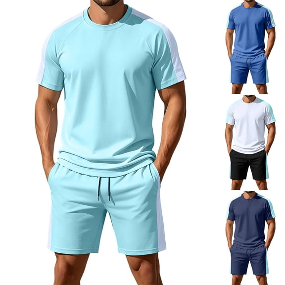 PNTUTB Two-Piece Set for Men Solid-Color Crew-Neck Short-Sleeve T-Shirt and Elastic Waistband Drawstring Shorts Casual Loose Comfortable Sports Sets