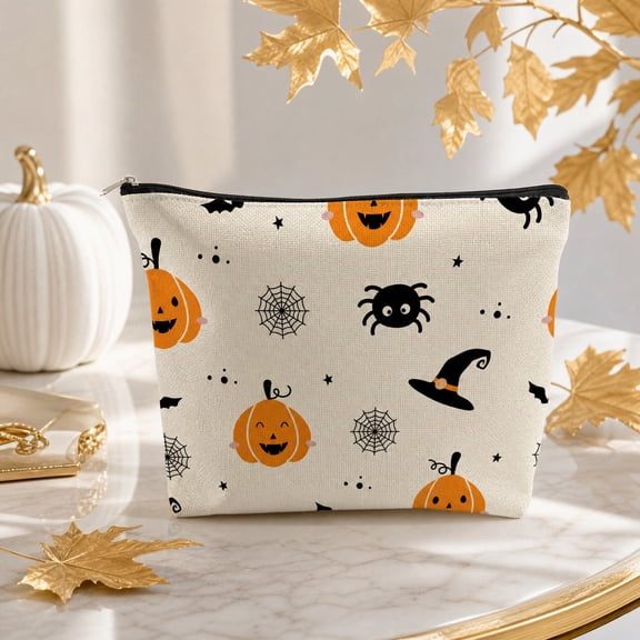 FEOLGEHLY Halloween Decorations Outdoor Indoor, Halloween Zipper Cosmetic Bag Multi Patterns Spooky Makeup Pouch Reusable Canvas Travel Storage Bag For Makeup Toiletries Small Accessories (C)