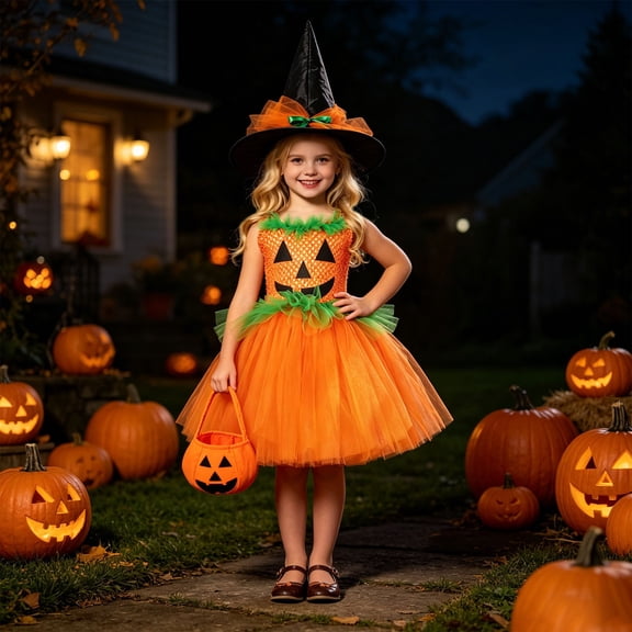 EliteGoogv Girls Halloween Pumpkin Dress Orange Tutu Skirt Costume For Kids Cosplay Party Performance Fancy Dress Role Play Outfit Orange Orange