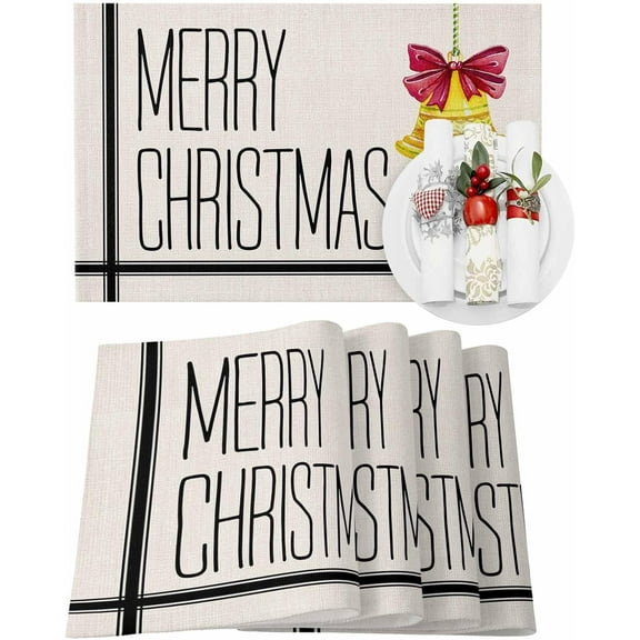 Christmas Placemats Set of 4 Black Stripes Christmas Placemats for Dining Table Merry Christmas Bell Table Mat Winter Holiday Home Party Kitchen Table Decorations