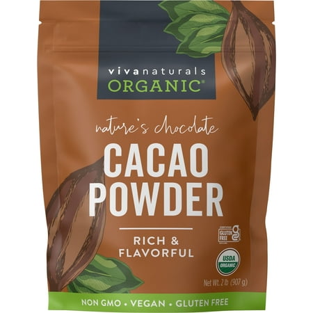(Best By 06/17/2026) Viva Naturals Organic Cacao Powder 2 lbs - Unsweetened Rich Dark Chocolate