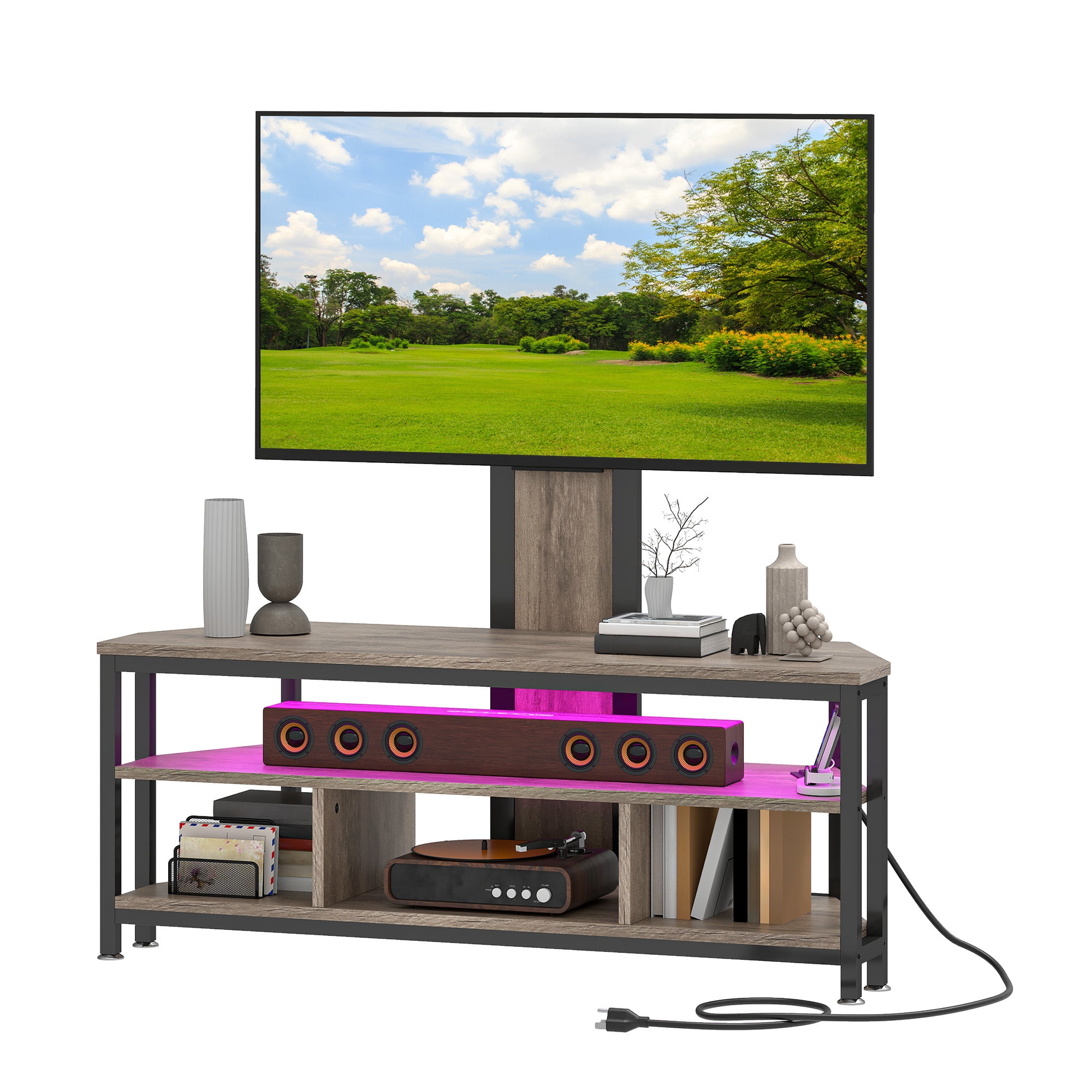 Uforic Height Adjustable TV Stand Mount with Power Outlet with LED Lights for TVs up to 70 inches, Gray