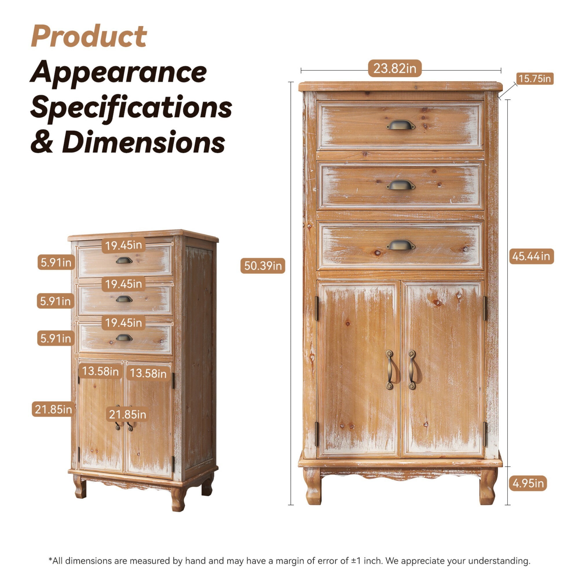 AENKYO 51" Rustic Wood Storage Cabinet with 3 Drawers, Tall Farmhouse Accent Chest for Small Spaces, Antique White