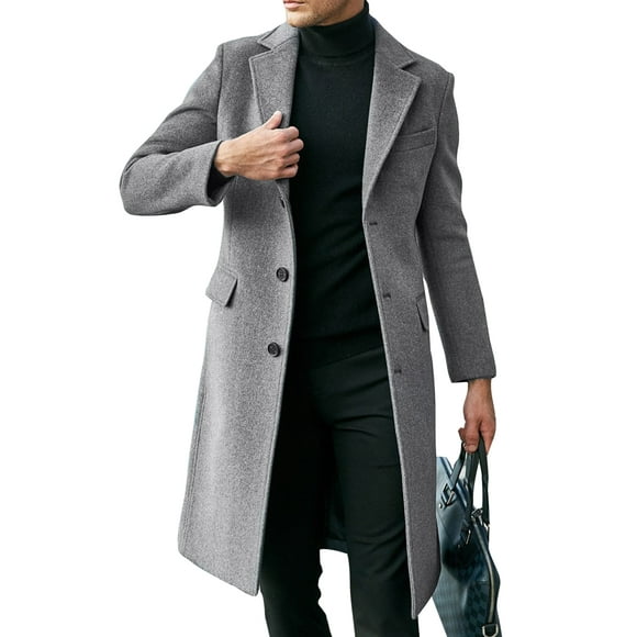 Glookwis Men Outwear Long Sleeve Overcoats Business Notch Lapel Trench Coat Outdoor Casual Solid Color Pea Coats Grey XXL