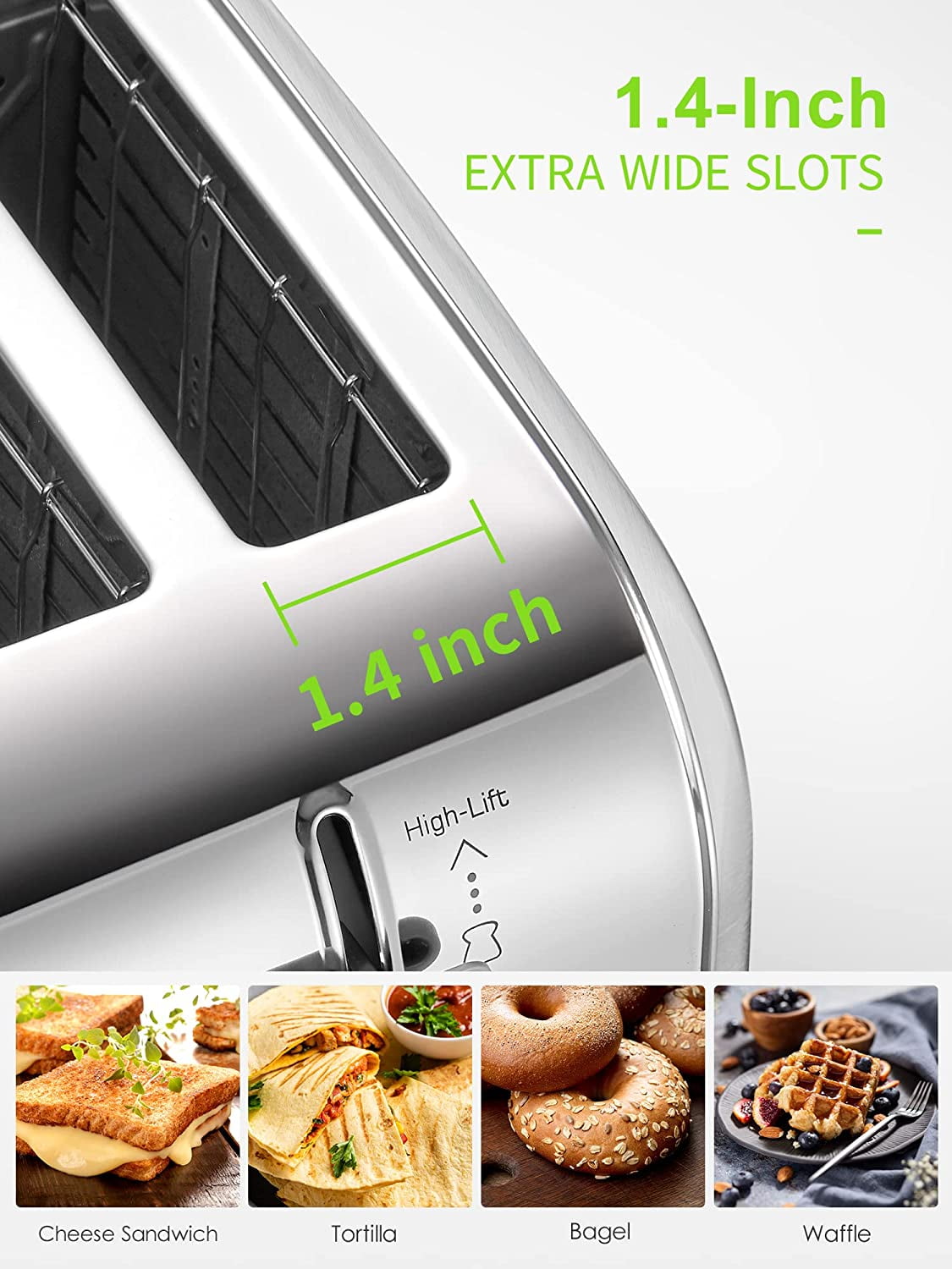 Yabano Toaster 4 Slice, Extra Wide Slots, Stainless Steel with High Lift Lever
