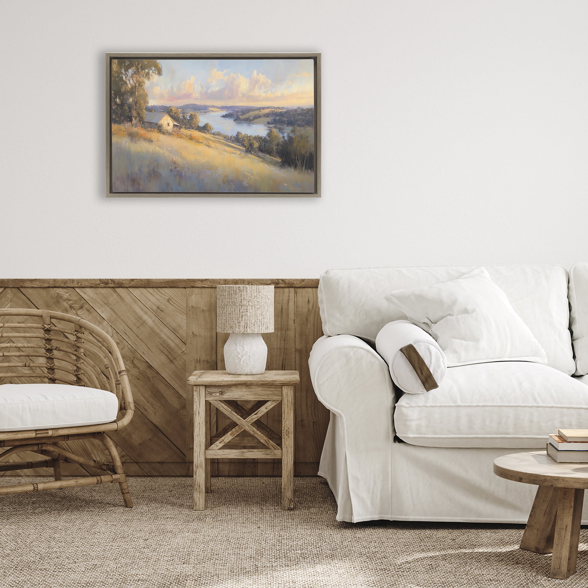 Stupell Industries Hilltop Cottage in Sunset Glow Brown Framed Floater Canvas Wall Art, design by Creative Studio