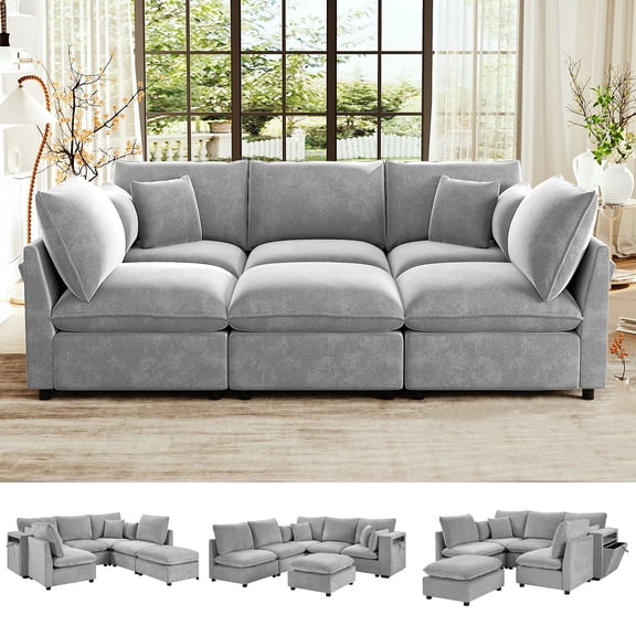EPOWP 93.7'' Modular Sectional Sofa, U Shaped Cloud Couch with Movable Ottoman, Chenille 6 Seater Sofa Storage Armrests and USB Ports for Living Room (Gray)