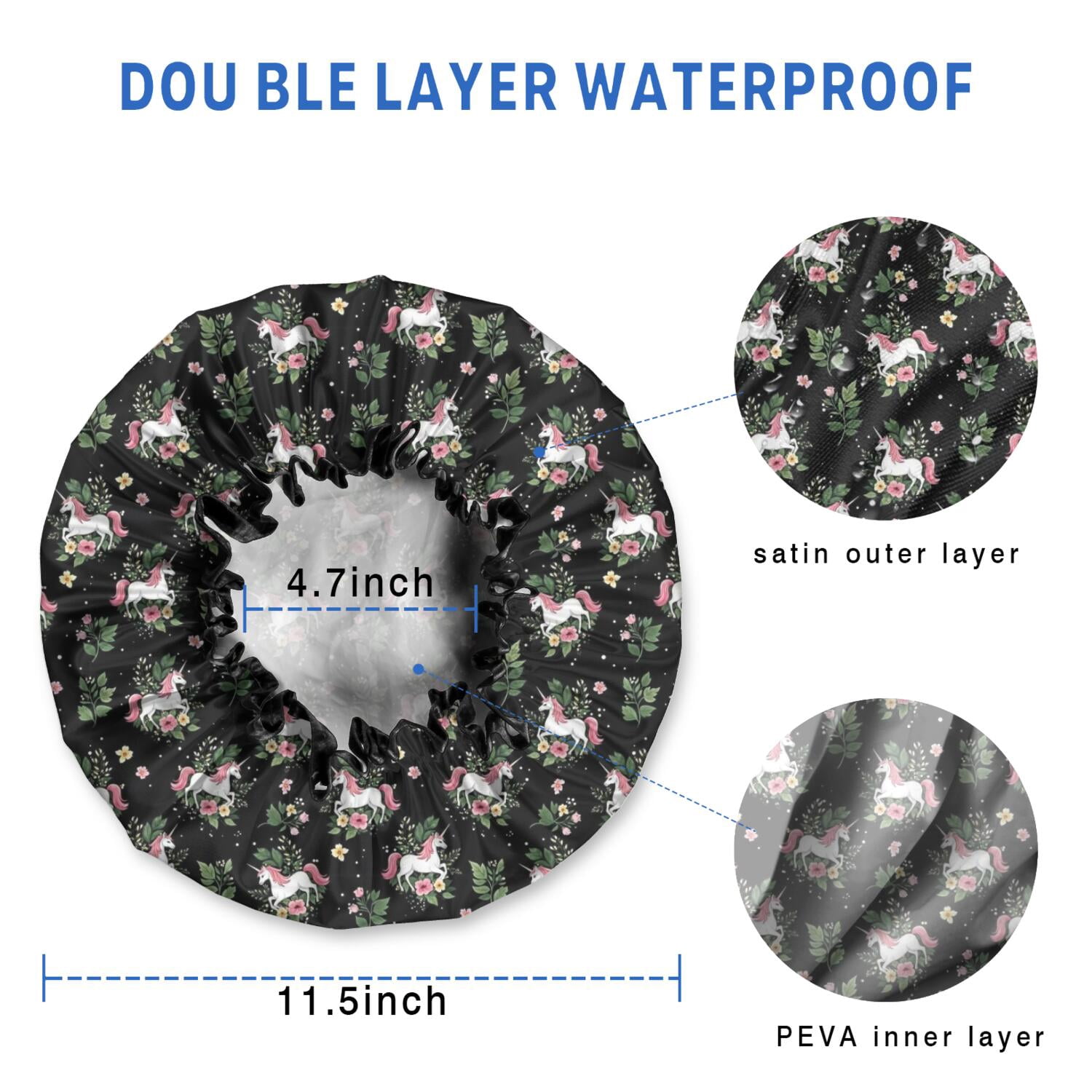 Shower Caps,Black Cartoon Unicorn Flower Leaf Pattern Waterproof Shower Cap for Women 4 Pieces,Double Reusable Hair Cover for Shower PEVA Elastic Stretch Hem