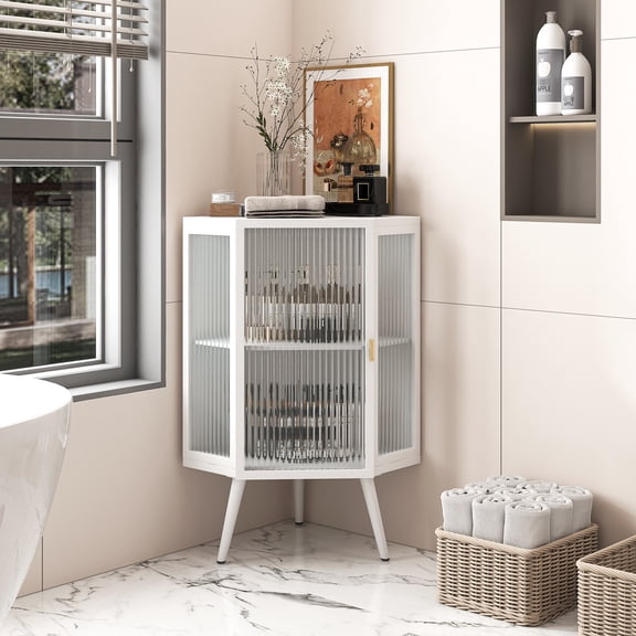 22.01" Floor Corner Storage Cabinet With Glass Door In White - For Bathroom, Bedroom, Living Room, & Practical Shelves Stylish