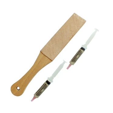 TechDiamondTools Set of 11” Long Leather Paddle Strop for Knife Sharpening and Two Diamond Polishing Compounds with Medium Concentration for Sharpening Knives, Double Sided Leather Strop USA made