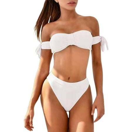 JIANJIA Womens Swimsuits Solid Color Backless Strapless Brassiere With High Waist Thongs Split Swimsuit Two Piece Bikinis Swimwears Holiday Wear White S