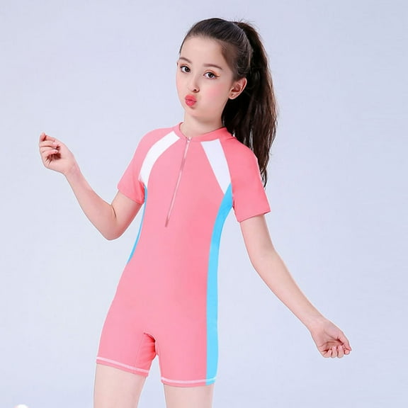 Little Girls Swimsuit One-Piece Rash Guard Set Short Sleeve with Zipper Front Bathing Suit Anti-UV Tankini Sun Protection Swimming Suit for Baby Little Kids