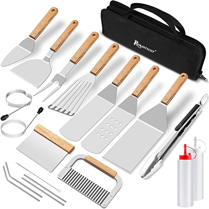 ROMANTICIST 20pcs BBQ Griddle Accessories Cooking Kit, Heavy Duty Wooden Handle Grill Utensils Tool Set, Stainless Steel Spatula, Tongs, Scraper for ROMANTICIST 20pcs BBQ Griddle Accessories Cooking Kit, Heavy Duty Wooden Handle Grill Utensils Tool Set, Stainless Steel Spatula, Tongs, Scraper for