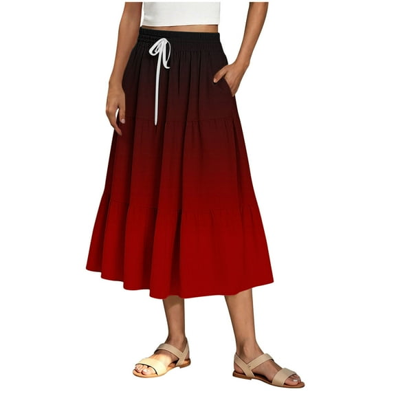 hotojiny Women's Long Skirt Trendy Flowy Ruffle Hem High Waist Maxi Skirts Fashion Gradation Tiered Boho Skirt for Beach Vacation