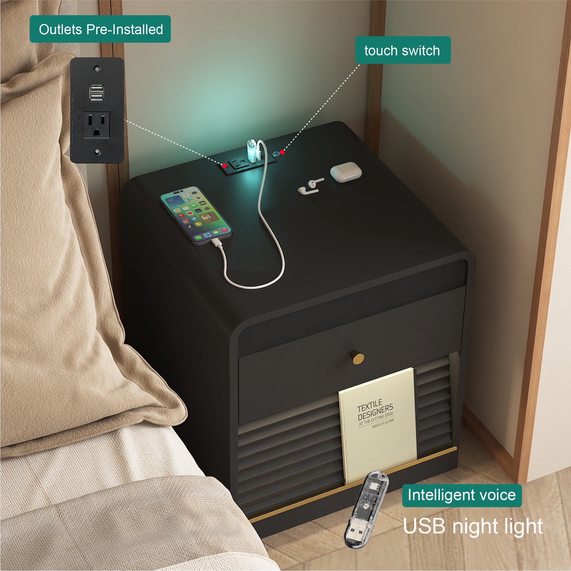 Aukfa Smart Nightstand with Charging Station, Side Table with Voice-Controlled 7-Color LED Light, Modern Bedside Table for Bedroom,Black