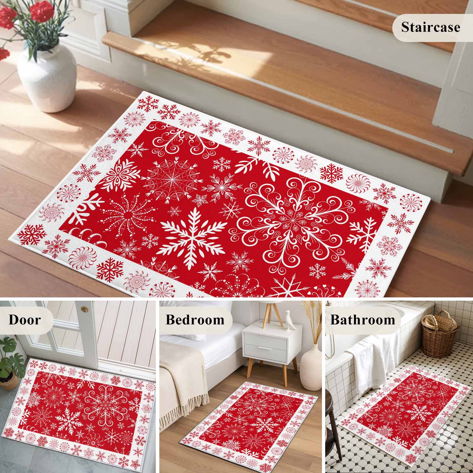Christmas Snowflakes Bathroom Rug Washable 2x3 Entryway Rug Non Slip Red Xmas Winter Vintage Front Door Mat Low Pile Indoor Doormat Throw Floor Carpet for Kitchen Bedroom Entrance