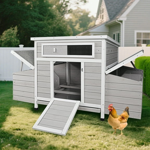 ZephyPaws Large Chicken Coop with 6 Nesting Box,Wooden Hen House Weatherproof Duck Poultry Cage for 6-8 Chickens,Gray